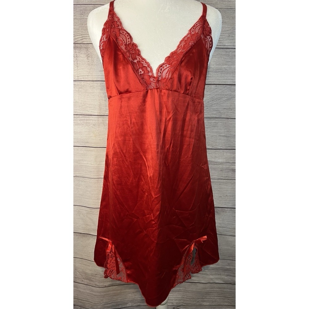 Adome Elegant Red Lace‎ Chemise Slip Saying Lace And Bows Glam Size Large
